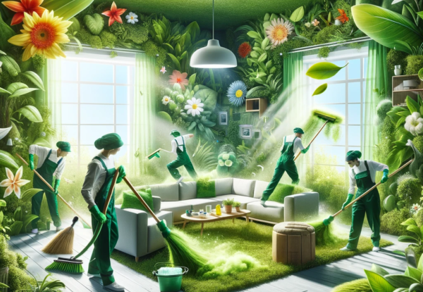 The image artistically represents an eco-friendly home cleaning service with cleaners in uniforms using natural elements like oversized leaves and flowers instead of traditional tools. The interior is a blend of lush greenery and furniture, illuminated by sunlight through green-tinted windows, emphasizing a nature-inspired, environmentally conscious cleaning approach.