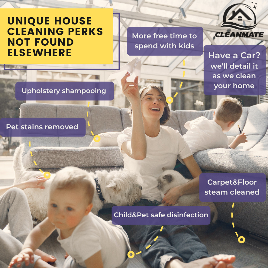 Promotional image for Cleanmate showcasing unique house cleaning services in Philadelphia, including upholstery shampooing, pet stain removal, child and pet safe disinfection, and carpet and floor steam cleaning, with a family enjoying their clean home.