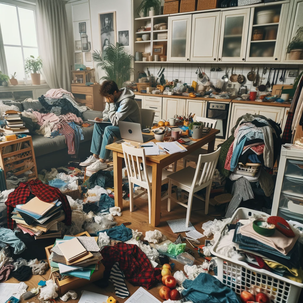 A photo of a cramped and messy combined living and kitchen area, with clothes, papers, and miscellaneous items scattered all around. A person is seated at a dining table cluttered with various objects and paperwork, looking down and appearing stressed, with their face buried in their hand. The room has a lived-in feel, highlighted by the disorganized state of both the kitchen and living area.