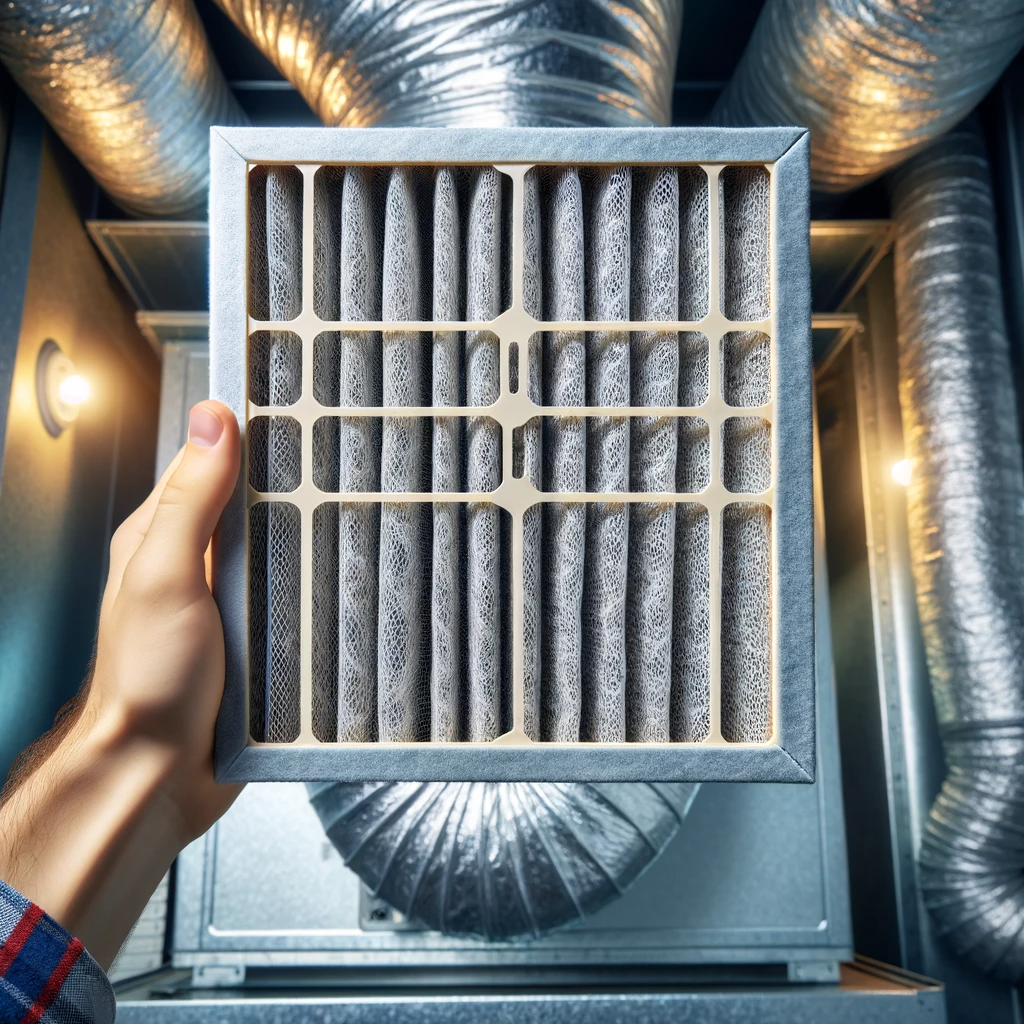 A hand is holding a clean, square air filter up to the light, showcasing its fine mesh structure, indicative of a new or well-maintained state. In the background, the silver ductwork and metal casing of a home HVAC system are visible, illustrating a part of a residential heating and cooling system.