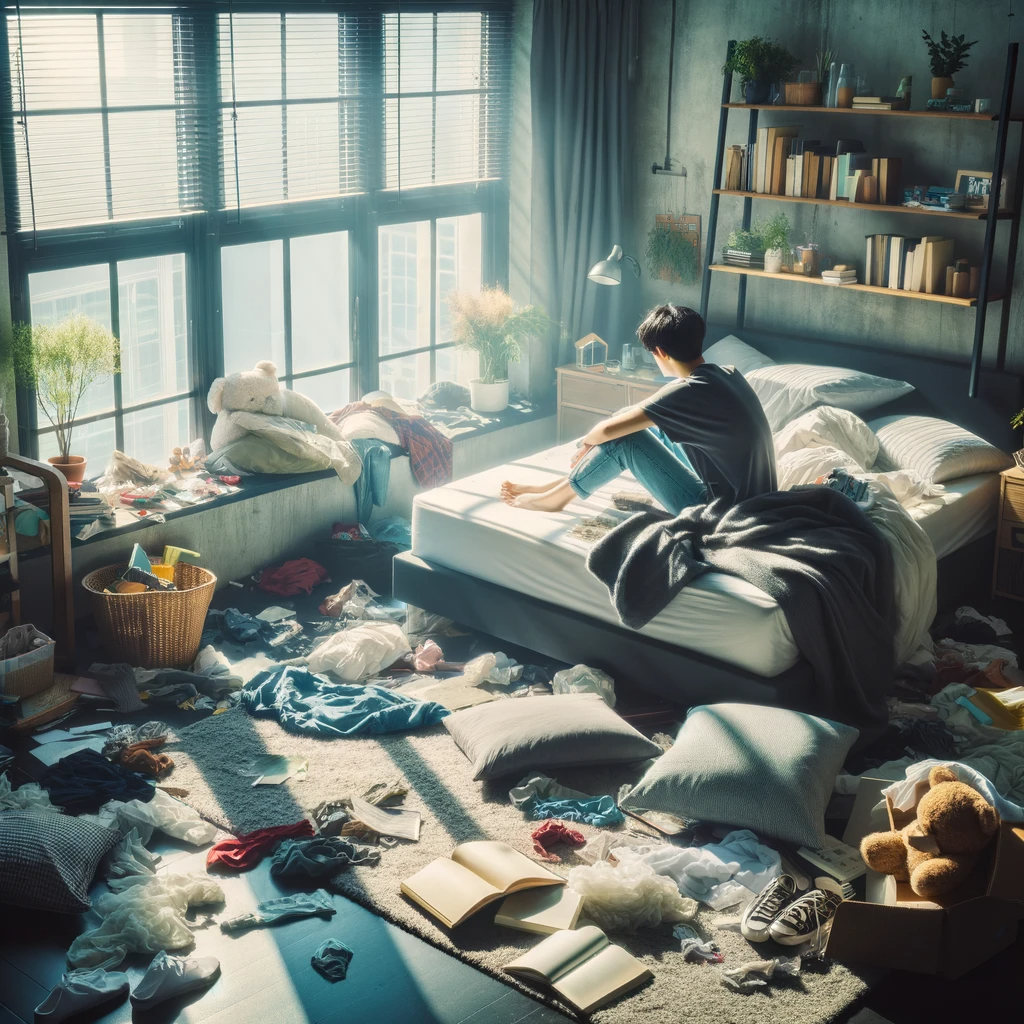 Daylight illuminates a messy bedroom with clothes and books everywhere. A person sits on the unmade bed, looking exhausted by the clutter.