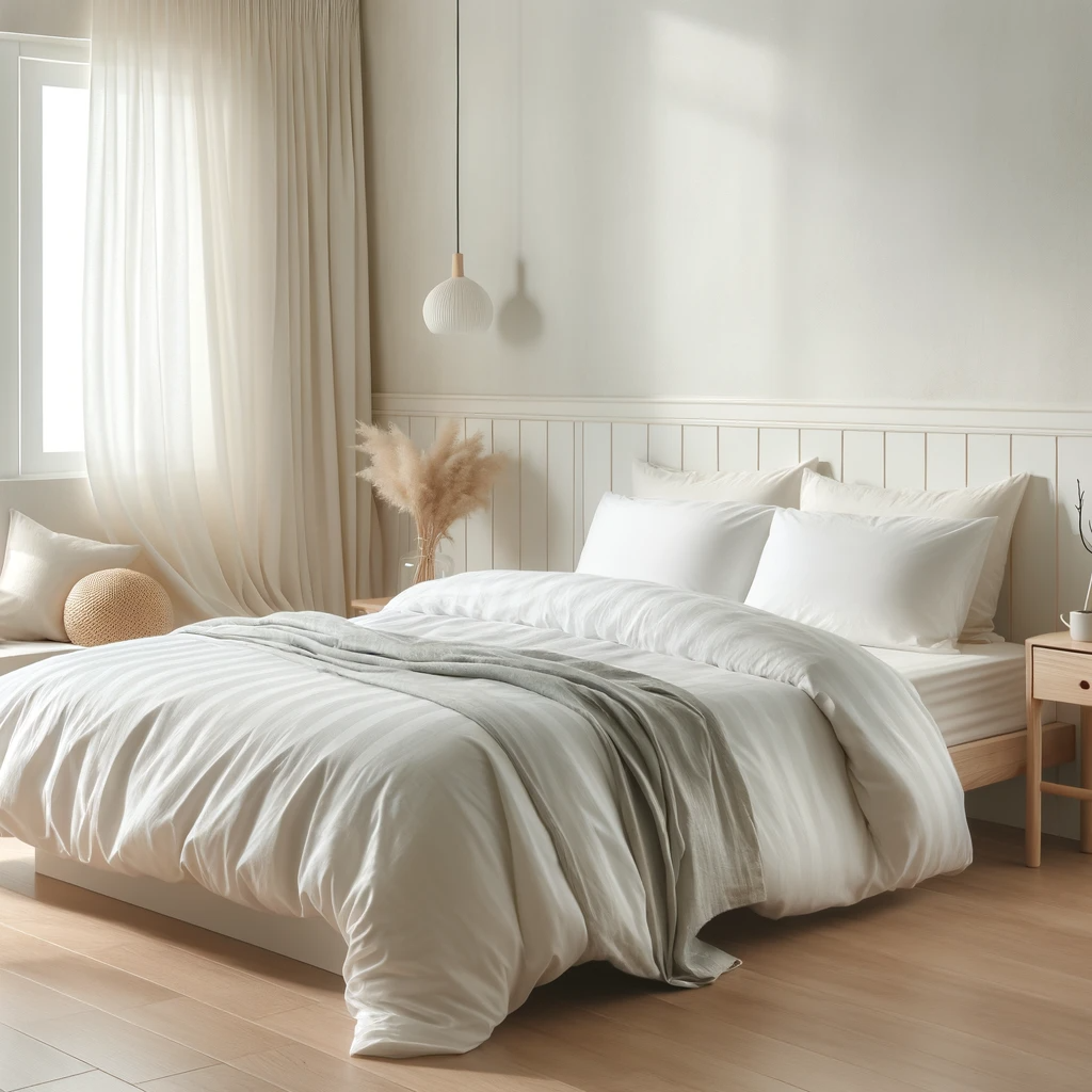 A serene and minimalist bedroom featuring an inviting bed with plush white bedding and a soft grey blanket casually draped over. Natural light streams in from a window with sheer curtains, creating a gentle, diffused glow. The room is adorned with subtle decor, including a pampas grass vase and a round woven bedside mat, all complemented by the light wooden flooring and neutral wall paneling, conveying a tranquil and clean atmosphere.