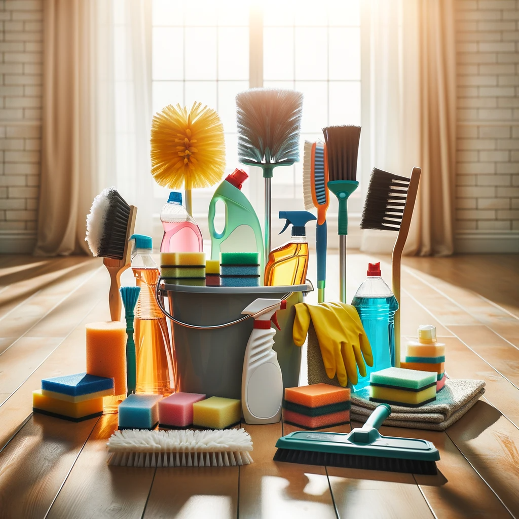An assortment of cleaning tools and products is neatly arranged on a wooden floor in a sunlit room, including a bucket, various sponges, brushes, bottles of cleaners, wood polish, rubber gloves, a yellow duster, a green mop, and a broom, all ready for a comprehensive house cleaning.