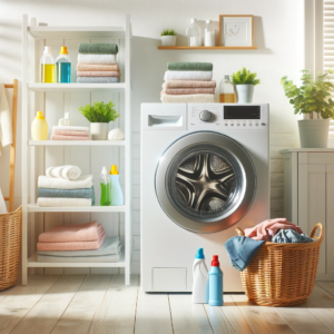 A sunny laundry room featuring a contemporary washing machine and a wicker basket filled with colorful clothes. The shelves are neatly organized with folded towels and various cleaning supplies, creating an orderly and clean atmosphere. Sunlight streams through a window, adding warmth to the space.
