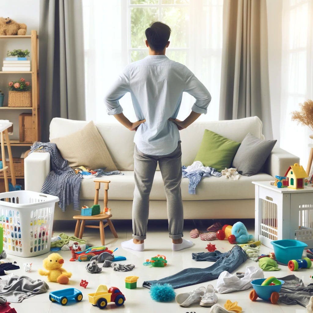A bright living room bathed in sunlight, showing signs of disarray with toys, clothes, and dishes scattered around. A person stands in the middle, hands on hips, facing away from the camera, appearing exasperated by the cluttered space.