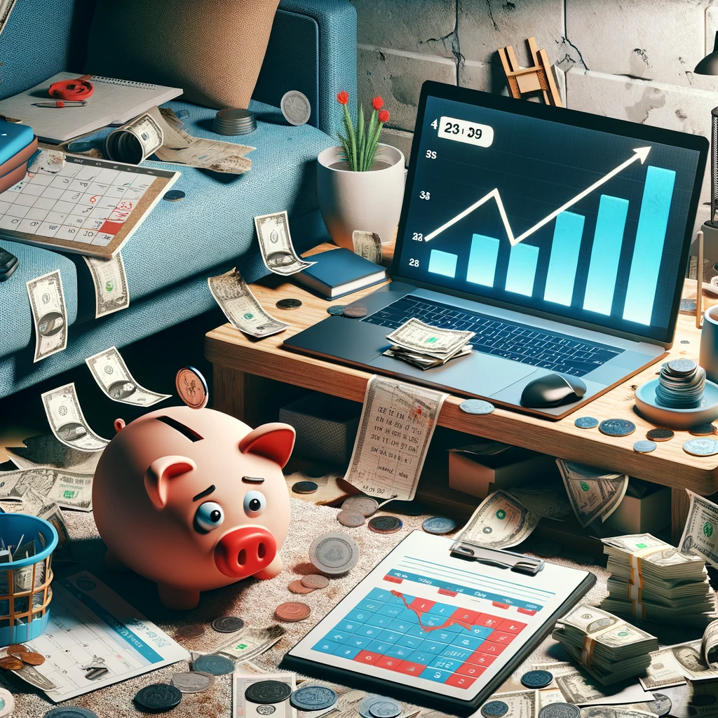 A detailed image depicting the financial repercussions of a disorganized home. Scattered across a desk are numerous bills, coins, and loose banknotes, with a broken piggy bank on the floor symbolizing economic loss. A calendar with past due dates is visible, and a laptop screen displays a graph with a downward trend, alluding to financial decline. The chaos of the scattered financial elements conveys the stress and disorder that can accompany the economic impact of a messy living space.