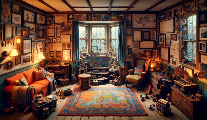 A cozy, well-lived-in room with walls adorned with an eclectic mix of framed artwork, maps, and memorabilia. The space features a prominent window letting in natural light, a comfortable orange sofa with patterned cushions, an antique armchair, and a vibrant world map area rug. The room is filled with books, vintage trinkets, and plants, creating a sense of creative clutter and warmth.