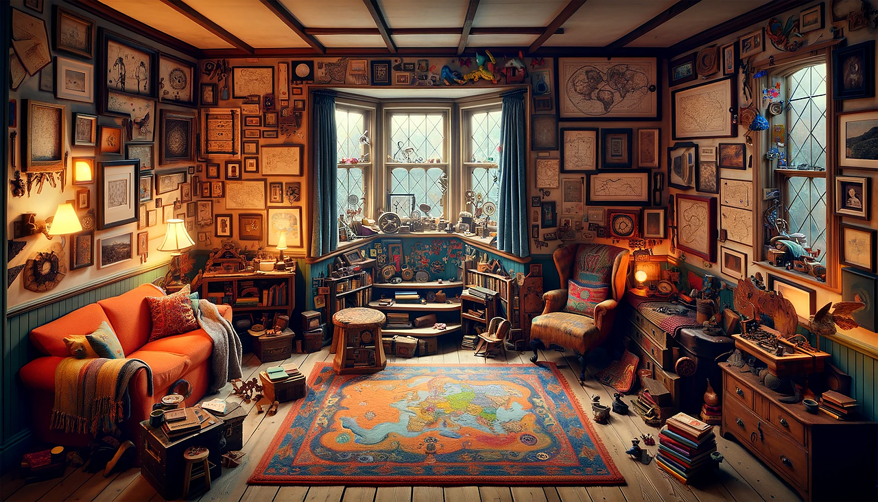 A cozy, well-lived-in room with walls adorned with an eclectic mix of framed artwork, maps, and memorabilia. The space features a prominent window letting in natural light, a comfortable orange sofa with patterned cushions, an antique armchair, and a vibrant world map area rug. The room is filled with books, vintage trinkets, and plants, creating a sense of creative clutter and warmth.
