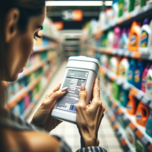 A close-up image capturing the hands of a woman in a supermarket aisle as she attentively reads the label on the back of a cleaning product. The label contains detailed text and is the main focus of the image, while the woman's face is seen in profile, out of focus in the background. The supermarket shelves behind her are stocked with a variety of colorful cleaning supplies