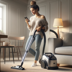 A realistic image of a woman vacuuming her living room while distracted by her smartphone. She's wearing casual clothes and has her hair tied up in a bun. With a slight bend in her posture, she attentively looks at the screen of the phone in her right hand, while her left hand guides an upright vacuum cleaner across the carpet. The room is filled with soft natural light and features elegant furniture, including a sofa and a coffee table, creating a serene domestic scene.