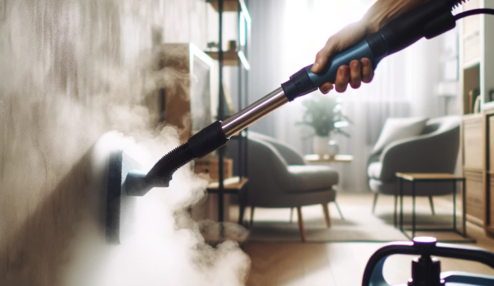A person using a handheld steam cleaner to clean a wall in a home. A dense cloud of steam is directed towards the wall, indicating the cleaning process in action. The background features a modern living room with stylish furniture and a calm, neutral color palette.