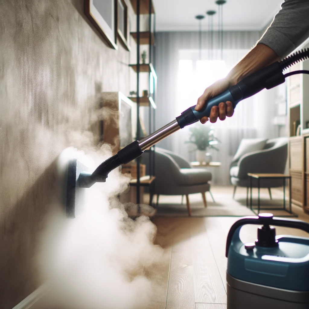 A person using a handheld steam cleaner to clean a wall in a home. A dense cloud of steam is directed towards the wall, indicating the cleaning process in action. The background features a modern living room with stylish furniture and a calm, neutral color palette.
