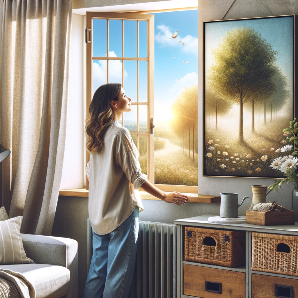 A woman stands serenely next to an open window, bathing in the warm, natural light of the sun. She appears relaxed, enjoying the fresh air as she gazes out towards a scenic view with birds flying in the distance. The interior suggests a cozy, well-decorated space, complemented by a large, framed picture of a sunlit path through trees.