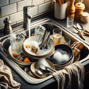 A kitchen sink filled with unwashed dishes, including plates with food residue, glasses, silverware, and a pan amidst soap bubbles, with a dishcloth on the countertop, all under warm lighting.