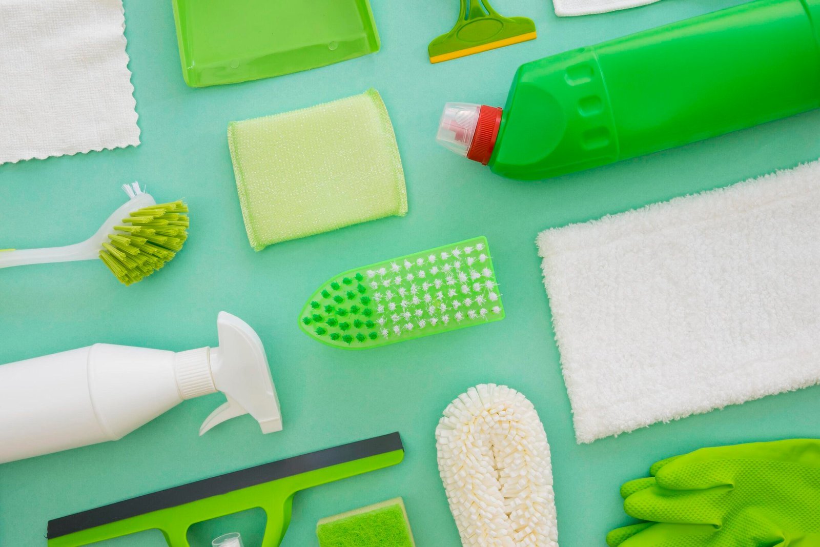 A selection of green cleaning supplies laid out on a turquoise background, including a green bottle of liquid cleaner, sponges, scrub brushes, cloths, a squeeze bottle, a mop head, and rubber gloves.